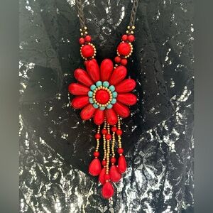 Red and Turquoise Floral Necklace